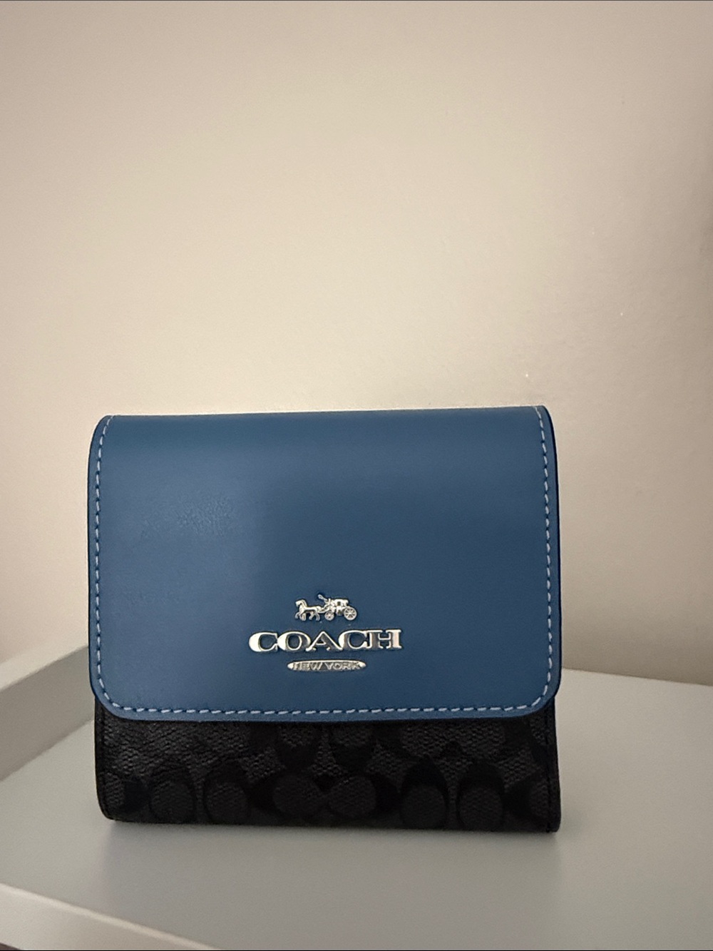 COACH Blue Leather & Black Signature Canvas Trifold Wallet